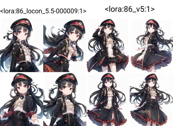 masterpiece,best quality,
8620 \(uniform\), hat,long hair,open jacket,black skirt,
smile,looking at viewer,closed mouth,
Medium shot,
((simple background,white background)),
<lora:86_locon_5.5-000009:1>,
