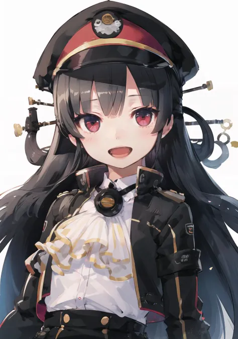 masterpiece,best quality,
8620 \(uniform\), hat,long hair,open jacket,black skirt, (hair rings,black headwear),
smile,looking at viewer,open mouth,
upper body,
(simple background,white background),
<lora:86_locon_5.5-000009:1>