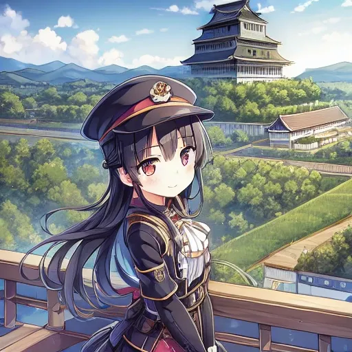 1girl,8620 \(Maitetsu\),masterpiece, best quality, ultra-detailed, illustration,hat,looking at viewer,train station,village,solo,outdoor,boots,Japan,(((Kumamoto))),(((Japanese castle tower,white wall))),