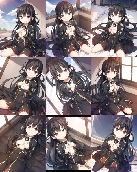 (masterpiece), (best quality), (ultra-detailed),(best shadow:0.7), (best illustration), (an extremely delicate and beautiful), photorealistic, finely detail, 1girl, (8620 \(maitetsu\):1.22), (on bed), bedroom window, blue sky, white cloud, sunlight, diffraction spikes, ((wariza)), on bed, from above, finely detailed iris, smile, hand on own chest,