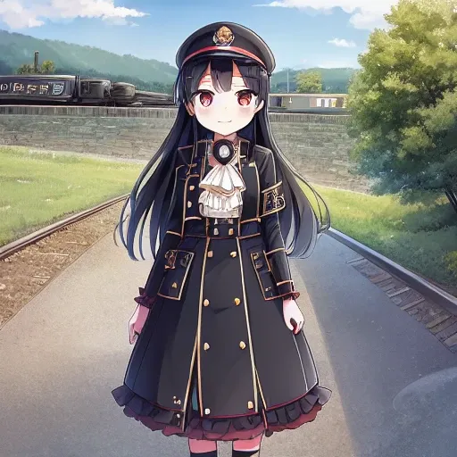 1girl,8620 \(Maitetsu\),masterpiece, best quality, ultra-detailed, illustration,hat,looking at viewer,train station,village,solo,outdoor,boots,Japan,,((black steam locomotive Train)),Train steam,((SL58654))