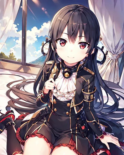 (masterpiece), (best quality), (ultra-detailed),(best shadow:0.7), (best illustration), (an extremely delicate and beautiful), photorealistic, finely detail, 1girl, (8620 \(maitetsu\):1.22), (on bed), bedroom window, blue sky, white cloud, sunlight, diffraction spikes, ((wariza)), on bed, from above, finely detailed iris, smile, sfw