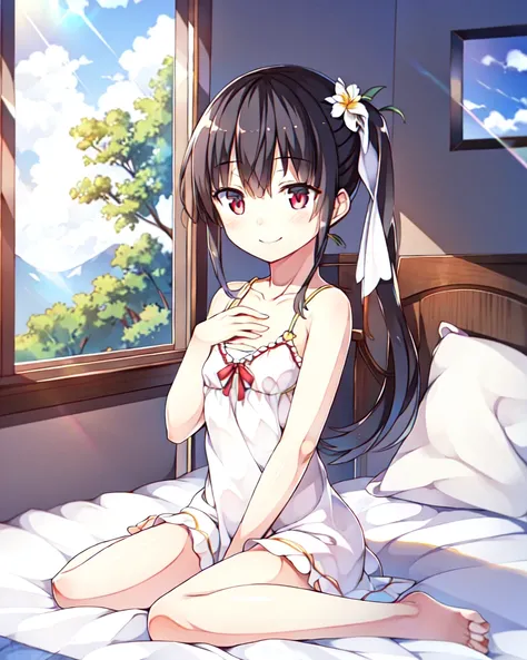 (masterpiece), (best quality), (ultra-detailed),(best shadow:0.7), (best illustration), (an extremely delicate and beautiful), photorealistic, finely detail, 1girl, 8620, (on bed), bedroom window, blue sky, white cloud, sunlight, diffraction spikes, ((wariza)), on bed, camisole, (side ponytail), finely detailed iris, smile, hand on own chest,