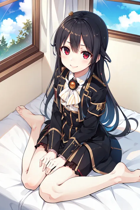 (masterpiece), (best quality), (ultra-detailed),(best shadow:0.7), (best illustration), (an extremely delicate and beautiful), photorealistic, finely detail, 1girl, (8620 \(maitetsu\):1.44), (8620 \(uniform\):1.4) (on bed), bedroom window, blue sky, white cloud, sunlight, diffraction spikes, ((wariza)), on bed, from above, finely detailed iris, smile, (black hair),