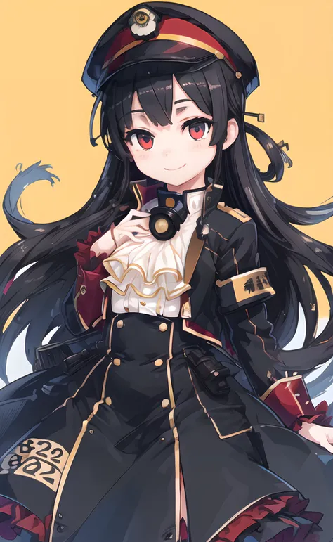8620 \(maitetsu\),8620 \(uniform\),masterpiece, best quality, ultra-detailed, illustration,((1girl)),,looking at viewer,(((black hair))),hat,Black dress,colorful,solo,colorful,Yellow background,:>,smile,(eye highlights)