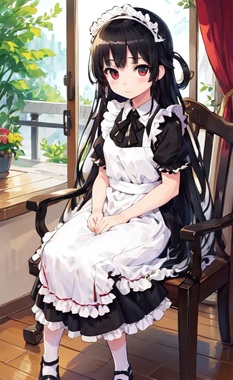 8620 \(maitetsu\),masterpiece, best quality, ultra-detailed, illustration,((1girl)),looking at viewer,(((black hair))),maid,sitting