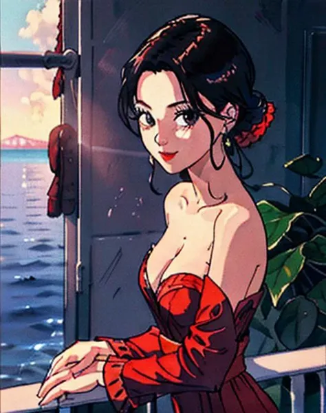 masterpiece,extremely detailed CG unity 8k wallpaper, best quality,32k,focus sharp, boa hancock, close up shot, upper body, from side, looking at viewer, leaning on table, ocean in background, railing, elegant red dress, light smile, small cleavage, 90s vibes,  <lora:90s_Vibe:0.6>,  <lora:boa_hancock_v1:0.7>,