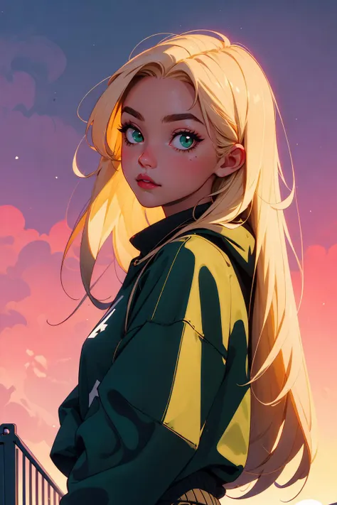 1girl, blonde long hair, green eyes, 90s, sunset, lofi ambience, black sweatshirt <lora:90s_Vibe:0.3>