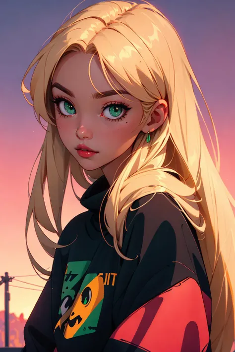 1girl, blonde long hair, green eyes, 90s, sunset, lofi ambience, black sweatshirt <lora:90s_Vibe:0.3>