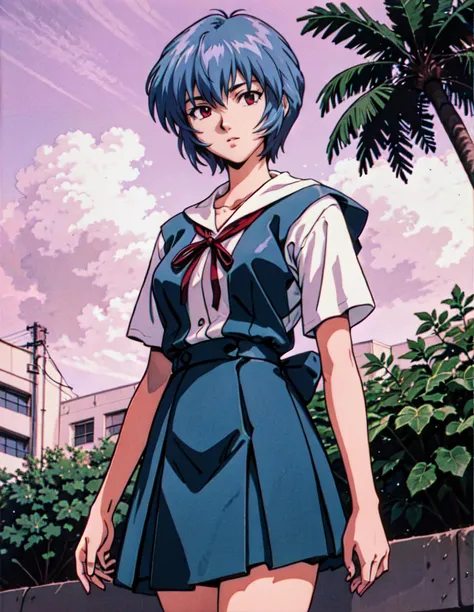 masterpiece, best quality, <lora:90s_Vibe:0.5> 90s vibes, 1990s \(style\)
cowboy shot, from below
1girl, <lora:AyanamiReiV6:0.7> ayanamirei, [blue:white:0.6] hair, tokyo-3_middle_school_uniform, red ribbon, school_uniform, black socks, expressionless
outdoors, palm trees
sunset, evening,