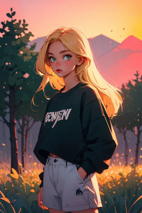 1girl, blonde long hair, green eyes, 90s, sunset, lofi ambience, black sweatshirt <lora:90s_Vibe:0.3>