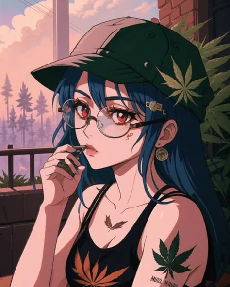 1girl, weed leaf,  leaf, (:1.25), round eyewear, bucket hat, stoner, red eyes, hippy, tattoo, pipe, smoke, gradient hair, alternative girl, punk, edgy, (plump:1.1),
highly detailed, cinematic lighting, vibrant colors, noah bradley, Beksinski, greg rutkowski
 <lora:90s_Vibe:0.5>