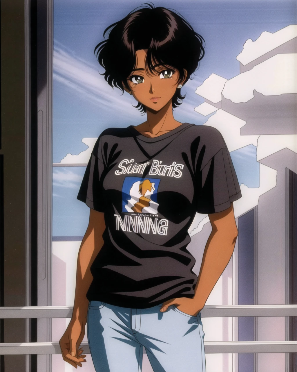 90s vibe, 1girl, solo, short hair, shirt, black hair, dark skin, dark-skinned female, 1990s \(style\), standing, <lora:90s_Vibe:0.5>
