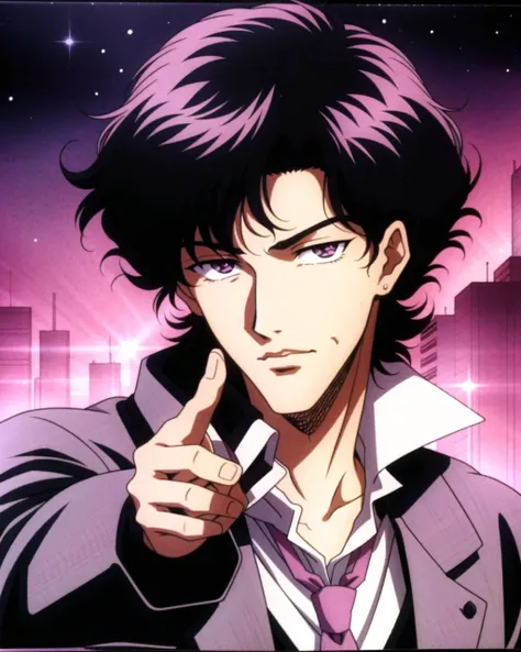 90s vibe, solo, black hair, 1boy, male focus, necktie, retro artstyle, 1990s \(style\), suit, messy hair, pointing at viewer, pointing, night city background, spike \(cowboy bebop\), handsome, sexy, pink overlay, noisy
 <lora:90s_Vibe:0.5>