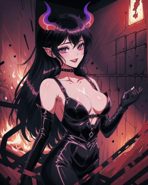 A sultry succubus dominates the dimly-lit dungeon, her curvaceous figure accentuated by her skin-tight, black leather bodysuit. Her ample breasts strain against the material, almost bursting free as she stands before you, her piercing gaze burning with hunger and desire. Her long, raven hair cascades down her back, framing a face of angelic beauty and demonic seduction. Her full, ruby lips are curved into a wicked smile, revealing razor-sharp fangs that glint in the flickering torchlight. Chains and whips hang from the dungeon walls, hinting at the twisted pleasures she has in store for you. As she beckons you closer with a crooked finger, you can feel the heat of her breath and the electric charge of her otherworldly power. The succubus is a living, breathing embodiment of lust and temptation, a creature of darkness that you cannot resist.

 <lora:90s_Vibe:0.5>