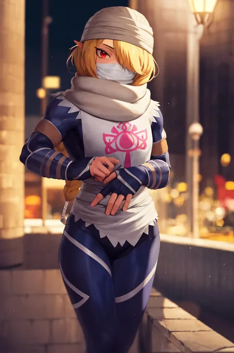 masterpiece, best_quality, solo, sheik, the legend of zelda, nintendo, red eyes, androgynous, braid, scarf, bodysuit, outdoors, night