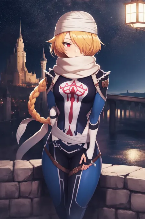 masterpiece, best_quality, solo, sheik, the legend of zelda, nintendo, red eyes, androgynous, braid, scarf, bodysuit, castle, night,