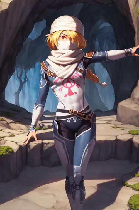 masterpiece, best_quality, solo, sheik, the legend of zelda, nintendo, red eyes, androgynous, braid, scarf, bodysuit, cave, dark cave