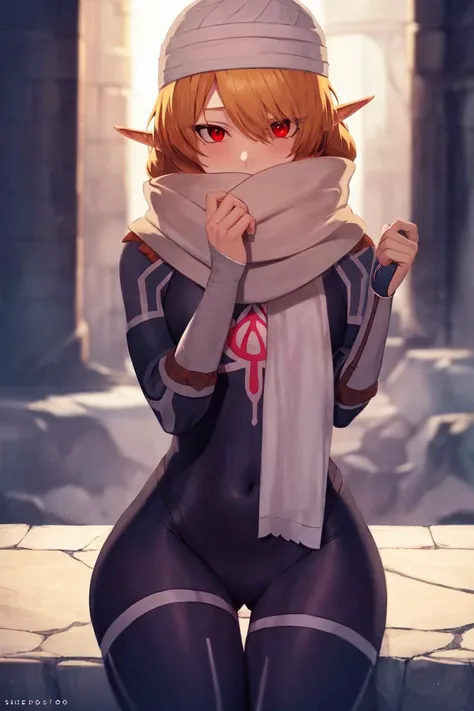 masterpiece, best_quality, 1girl, solo, sheik, the legend of zelda, nintendo, red eyes, androgynous, braid, scarf, bodysuit, outdoors, night, dark, inky
