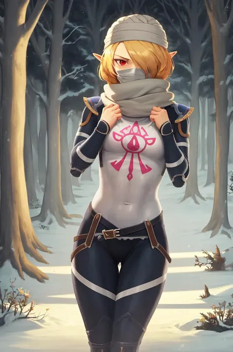masterpiece, best_quality, solo, sheik, the legend of zelda, nintendo, red eyes, androgynous, braid, scarf, bodysuit, dark forest, night