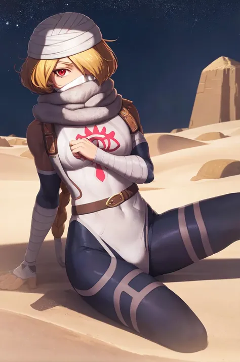 masterpiece, best_quality, solo, sheik, the legend of zelda, nintendo, red eyes, androgynous, braid, scarf, bodysuit, desert, night