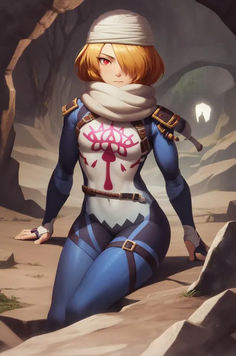 masterpiece, best_quality, solo, sheik, the legend of zelda, nintendo, red eyes, androgynous, braid, scarf, bodysuit, dark cave, cave