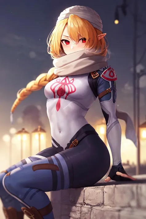 masterpiece, best_quality, 1girl, solo, sheik, the legend of zelda, nintendo, red eyes, androgynous, braid, scarf, bodysuit, outdoors, night, dark, inky