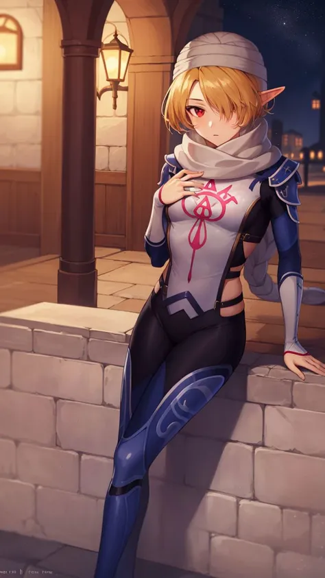 masterpiece,best_quality,1girl,solo,sheik,the legend of zelda,nintendo,red eyes,braid,androgynous,scarf,bodysuit,outdoors,night,<lora:sheik_V1:1>,