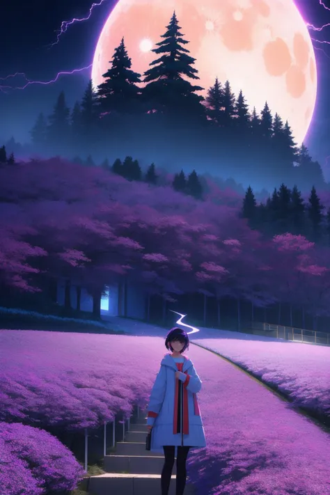 1girl, studio 3d blender render, stylized, landscape of a Cozy Gentle ([Amsterdam:Seoul:1]:1.3) in the distance there is a Amphitheater, fluorescent purple foliage and field, Moon in the night, Vivid, Evil, Cubism, dramatic lighting, telephoto lens, High Contrast, Peach lightning bolts, nightmare fuel, contest winner, artstation, emotional