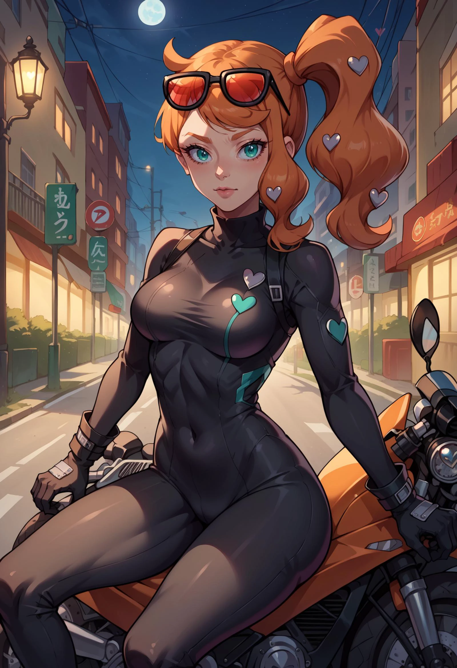 score_9, score_8_up,score_7_up, source_anime,1girl, solo, <lora:EPpkSonia:1> , EPpkSonia, orange hair, side ponytail, aqua eyes, long hair, eyewear on head, sunglasses, heart hair ornament, cowboy shot, leaning, motor vehicle, ground vehicle, motorcycle, sitting, on motorcycle, black bodysuit, turtleneck, addidas, night, street, skin tight,