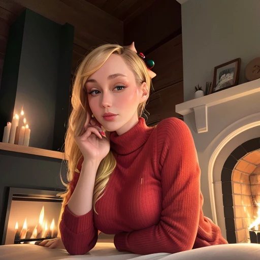 <lora:eefjah_sjokz_sd15_512_128_64_v1:1>sjokz,1girl blonde hair, wearing christmas sweater, christmas decoration in background, lit fireplace in background