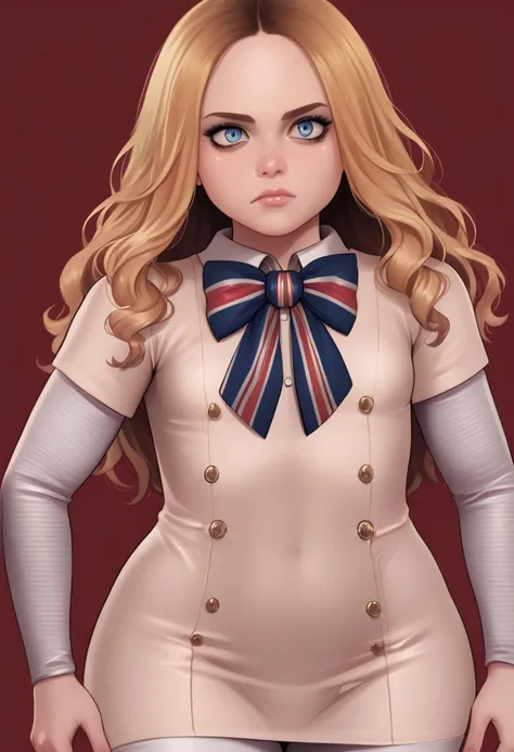 score_9, score_8_up, score_7_up, , shiny skin:0.1, source_realistic, , deep skin,, high quality, highres, , 1girl, (curvy), ((wide hips)),, thick thighs, cute, , sexy, small breasts,M3GAN 1girl, long hair, blue eyes, blonde hair, forehead, striped sleeves, big bowtie, multicolored bowtie, white stockings, ((realistic)), beige dress, short dress, expressionless, constricted pupils, solo, outline, red background