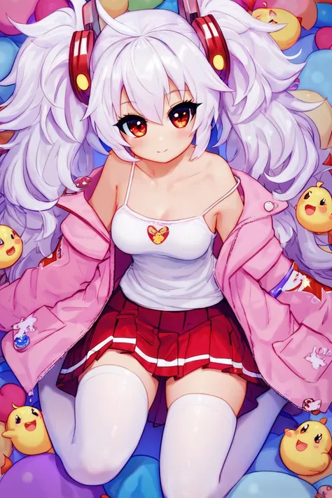 high resolution, score_9, score_8_up, score_8, medium breasts, cute, eyelashes , laffey \(azur lane\), white hair, long hair, collarbone, white shirt, white camisole, off shoulder, pink jacket, open clothes, long sleeves, pleated skirt, red skirt, white thighhighs,, <lora:CuteCitron:1.1>,