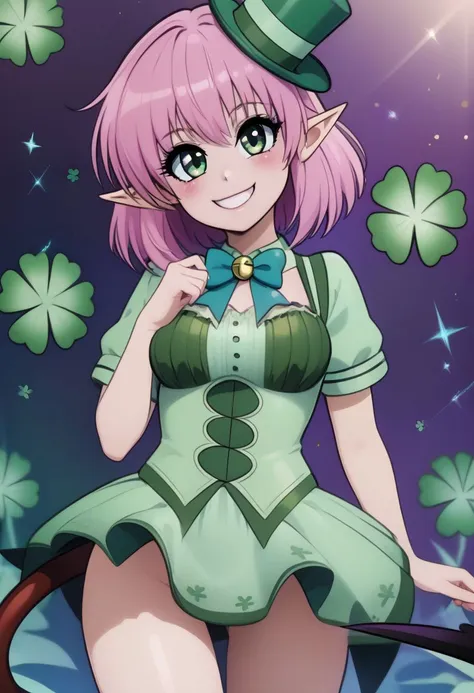 big breasts, cute, eyelashes,
ShamrockWorld, clover, four-leaf clover, light particles, green top hat, solo, smile, hat, bow, pointy ears, striped, bowtie, green eyes, formal, top hat, green headwear,
tlrmomo, pink hair, hair flower, green bowtie, short sleeves, demon tail, standing, head tilt, curvy, narrow waist,  smile, blush, cowboy shot, looking at viewer, zPDXL