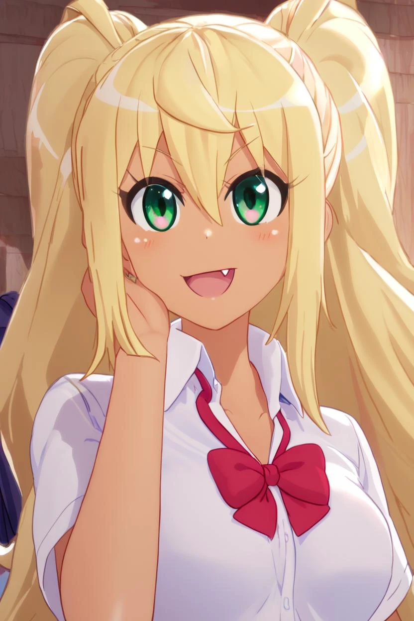 high resolution, score_9, score_8_up, score_8, medium breasts, cute, (curvy), eyelashes , hibikisakura, <lora:hibiki-sakura-s1-ponyxl-lora-nochekaiser:1> hibiki sakura, long hair, blonde hair, hair between eyes, twintails, green eyes, fang, dark skin, dark-skinned female, gyaru, skirt, shirt, bow, school uniform, white shirt, short sleeves, collared shirt, bowtie, red bow, red bowtie, <lora:CuteCitron:1>,