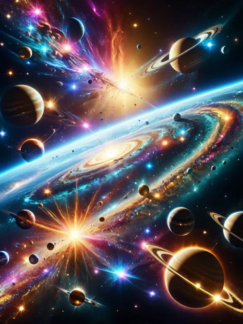 sparkles glitter, A unique space scene with planets, stars, and galaxies all made of dazzling glitter and emitting colorful sparkles <lora:Sparkle_Explosion:1>.dynamic, cinematic, masterpiece, intricate.