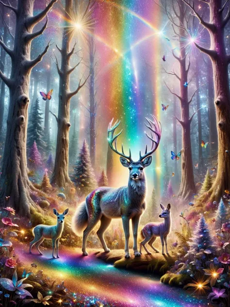 sparkles glitter, A whimsical forest scene where all animals, trees, and plants are adorned with rainbow-colored sparkles and glitter <lora:Sparkle_Explosion:1>.dynamic, cinematic, masterpiece, intricate.