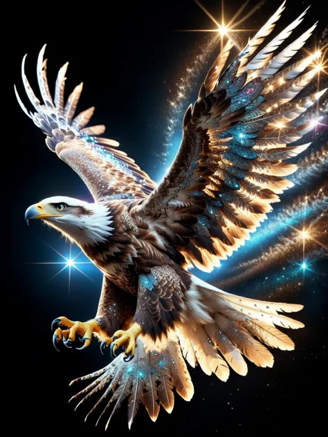 sparkles glitter, An image of a majestic eagle soaring in the sky, but its feathers are made of a magnificent array of sparkles and glitter <lora:Sparkle_Explosion:1>.dynamic, cinematic, masterpiece, intricate.