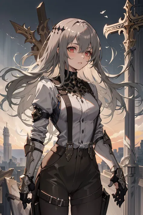 1girl, <lora:Saint louis-000002:0.6>,suspenders,bangs, gauntlets, glove, floating_hair, checkered,rigging,diamond_\(shape\),hair_ornament, epic, faded, ((neutral colors)), art, (hdr:1.5), (muted colors:1.2), pastel, hyperdetailed, (artstation:1.5),dramatic light, (intricate details:1.2), vignette, complex background
