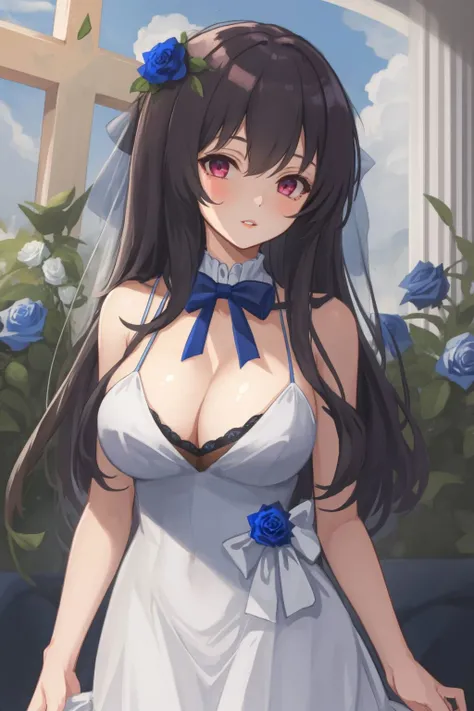 1 girl, <lora:Saint louis-000002:0.6>, bangs, blue_bow, flower, ribbon, blue_rose, breasts, cleavage, clothing_cutout, cross, dress, hair_ornamen, long_hair, looking_at_viewer, parted_lips