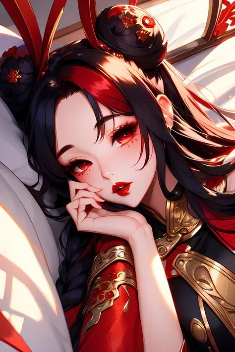 1girl,multicolored hair,red hair,black hair,red eyes,long hair,dress,breasts,mythmakergwen,hair ornament,solo,looking at viewer,thighhighs,detached sleeves,jewelry,hair bun,double bun,red lips,red nails,bangs,hair rings,split-color hair,two-tone hair,makeup,streaked hair,very long hair,twin braids,chinese clothes,portrait,toes,nail polish,red thighhighs,
at a bedroom,(naughty:1.6),
<lora:mythmakerGwen:0.6>,<lora:goodhands_Beta_Gtonero:0.7>,(from above:1.2),(close-up:1.3),<lora:Anime_style_By_Bing:0.6>,lying,(sleeping:1.4),(face focus:1.1),