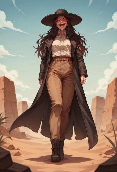 score_9, score_8_up, score_8, source_anime, 1girl, <lora:Caleb:0.7> breasts, black hat, wide brimmed hat, solo, red eyes, glowing eyes, black coat, long hair, evil smile, laughing, full body, view from below,
wild west desert background, blurry background,