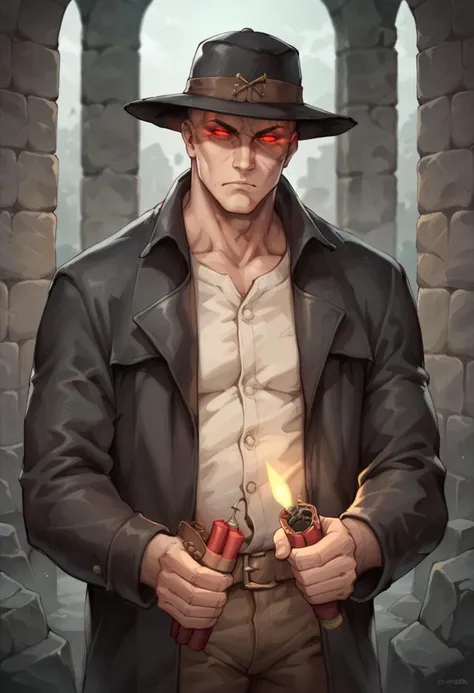 score_9, score_8_up, score_8, source_anime, 1boy, <lora:Caleb:0.8> black hat, solo, red eyes, glowing eyes, black coat, no hair, bald, holding dynamite, holding lighter,
catacomb background, stone wall, blurry background,