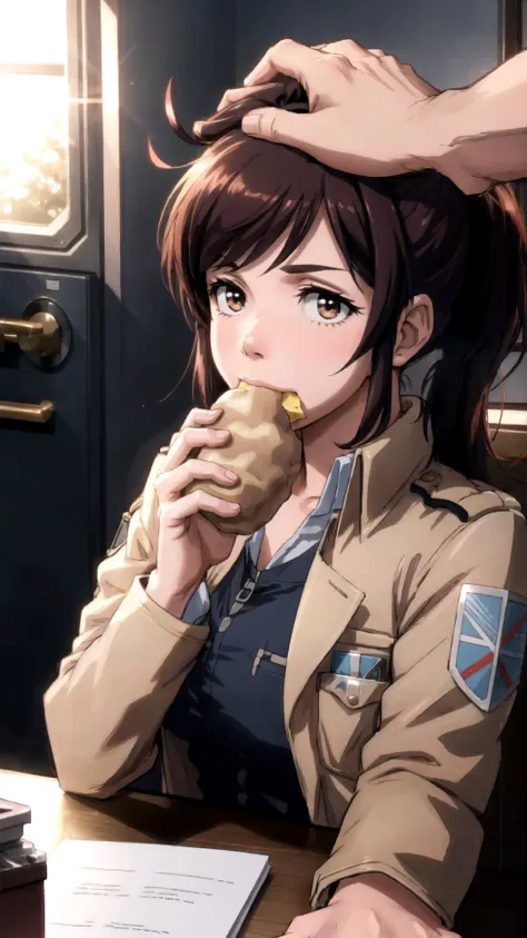 <lora:HeadpatPOVV2:1> IncrsHeadpatPOV, headpat, pov, BREAK, <lora:aot_sasha:0.8> sasha braus, paradis military uniform, jacket, BREAK, potato, food in mouth, cheek bulge, masterpiece, best quality, extremely detailed, highly quality, 4k, sharp focus, professional, sharp focus, award winning, cinematic lighting, octane render, unreal engine, volumetrics dtx, Wallpaper,