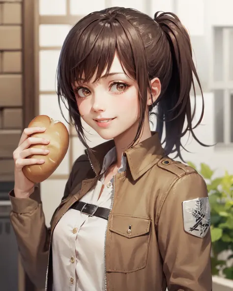 (masterpiece, best quality:1.2), <lora:aot_sasha-10:0.8>, upper body, solo, 1girl, sasha braus, smile, looking at viewer, holding food, bread, smile, paradis military uniform, jacket
