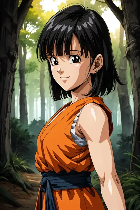 pan, 1girl, solo, black eyes, black hair, short hair, blunt bangs,
orange dougi, blue sash, sleeveless,
smile,closed mouth,cowboy shot,
forest,outdoor,
(insanely detailed, beautiful detailed face, masterpiece, best quality) cinematic lighting,<lora:DBGT_Pan_Gi_v1:1>, <lora:more_details:0.3>,