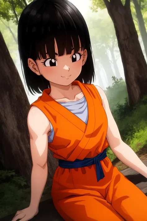 pan, 1girl, solo, black eyes, black hair, short hair, blunt bangs,
orange dougi, blue sash, sleeveless,
smile,closed mouth,cowboy shot,upper body,sitting,
forest,outdoor,
(insanely detailed, beautiful detailed face, masterpiece, best quality) cinematic lighting,<lora:DBGT_Pan_Gi_v1:1>, <lora:more_details:0.3>,