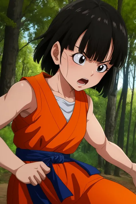 pan, 1girl, solo, black eyes, black hair, short hair, blunt bangs,
orange dougi, blue sash, sleeveless,
fighting stance,
forest,outdoor,
(insanely detailed, beautiful detailed face, masterpiece, best quality) cinematic lighting,<lora:DBGT_Pan_Gi_v1:1>, <lora:more_details:0.3>,