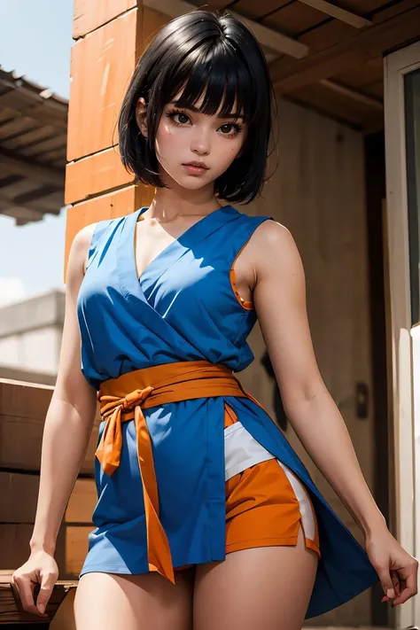 (masterpiece, best quality), 1girl, <lora:DBGT_Pan_Gi_v1:0.8> pan, 1girl, solo, black eyes, black hair, short hair, blunt bangs,, orange dougi, blue sash, sleeveless,
