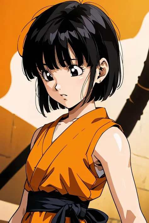 (masterpiece, best quality), 1girl,   <lora:DBGT_Pan_Gi_v1:0.8> pan, 1girl, solo, black eyes, black hair, short hair, blunt bangs,, orange dougi, blue sash, sleeveless,